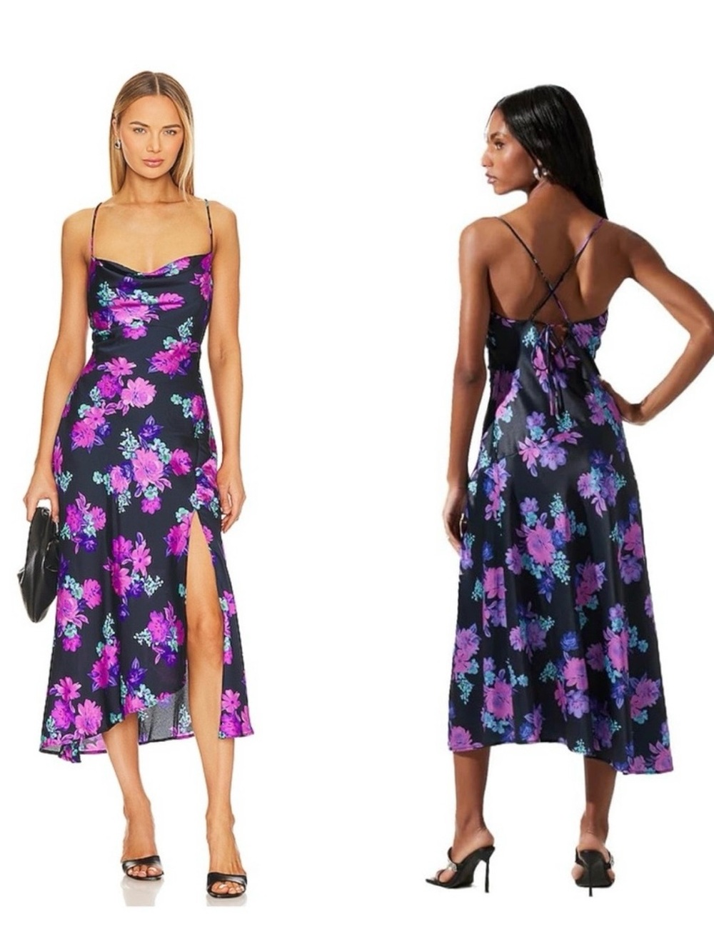 ASTR the Label - Floral Cowl Midi Slip Dress with Side Slit - Black with Purple